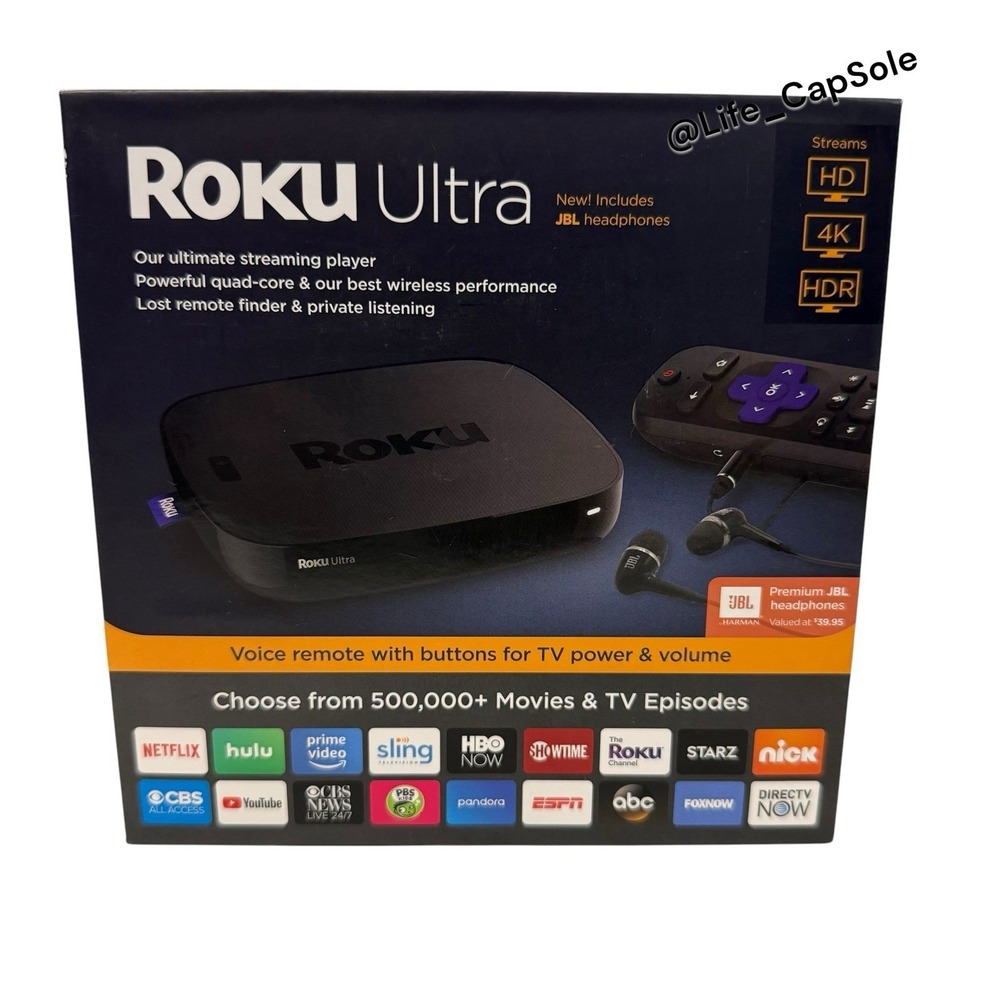 New Roku Ultra 4K/HD/HDR Streaming Media Player with JBL Headphones 4661R- Black